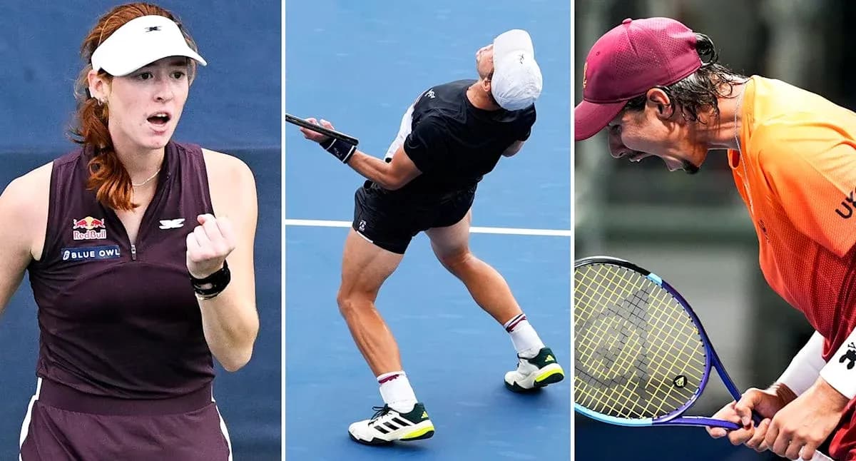 Three tennis players in action on the court
