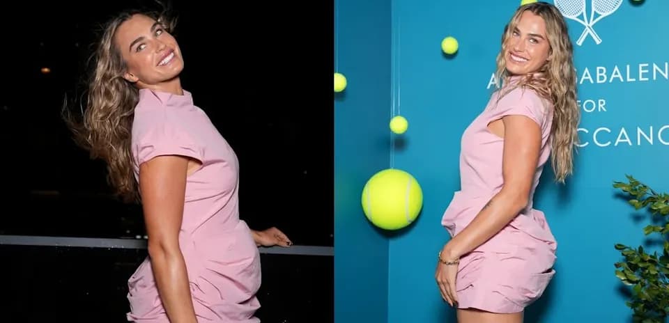 Woman in pink dress posing with tennis balls backdrop