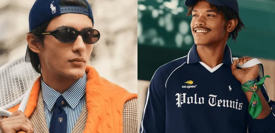 Two models wearing tennis-themed fashion outfits