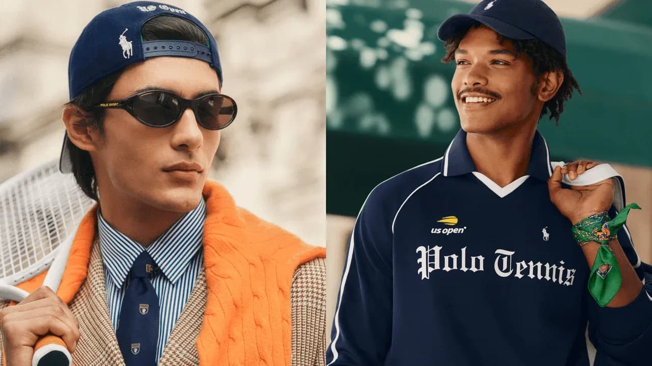 Two models wearing tennis-themed fashion outfits