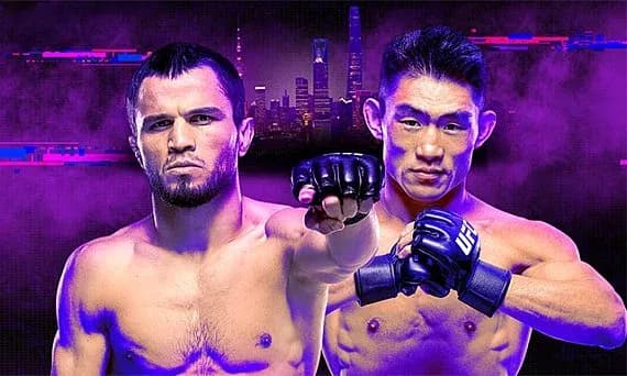 Two MMA fighters facing each other with city backdrop