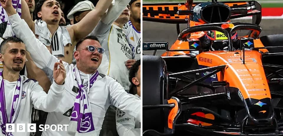 Fans celebrating on the left, McLaren F1 car on the right