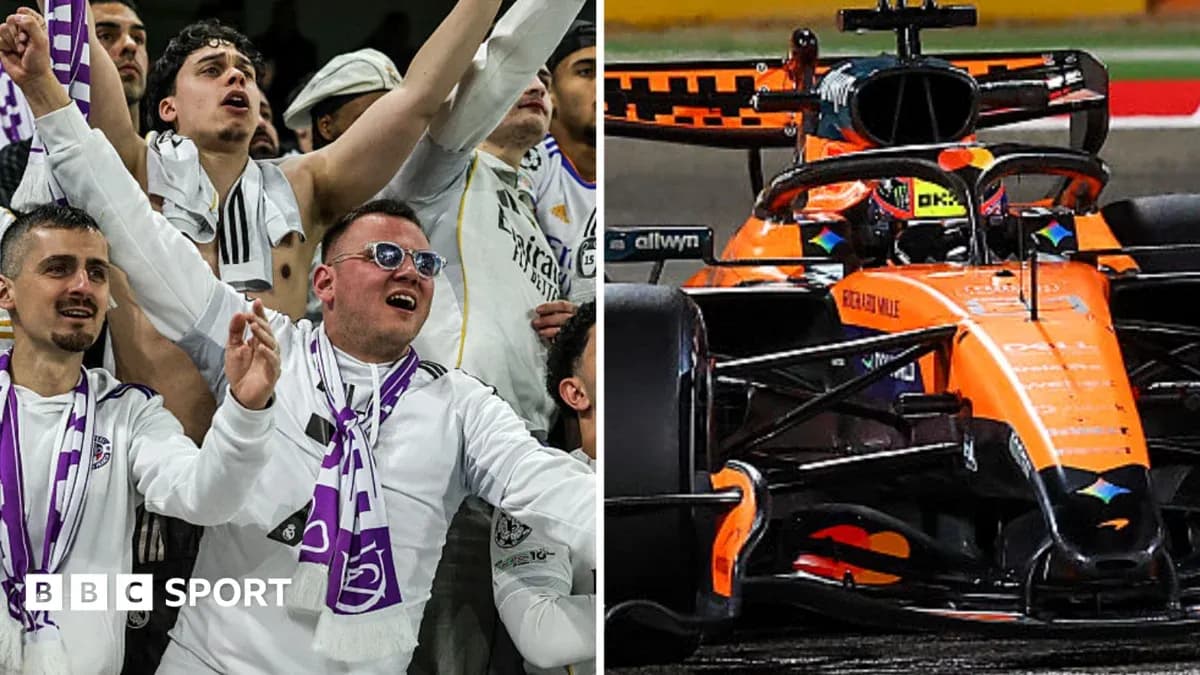 Fans celebrating on the left, McLaren F1 car on the right