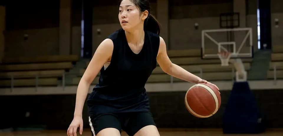 Female player dribbling basketball on court