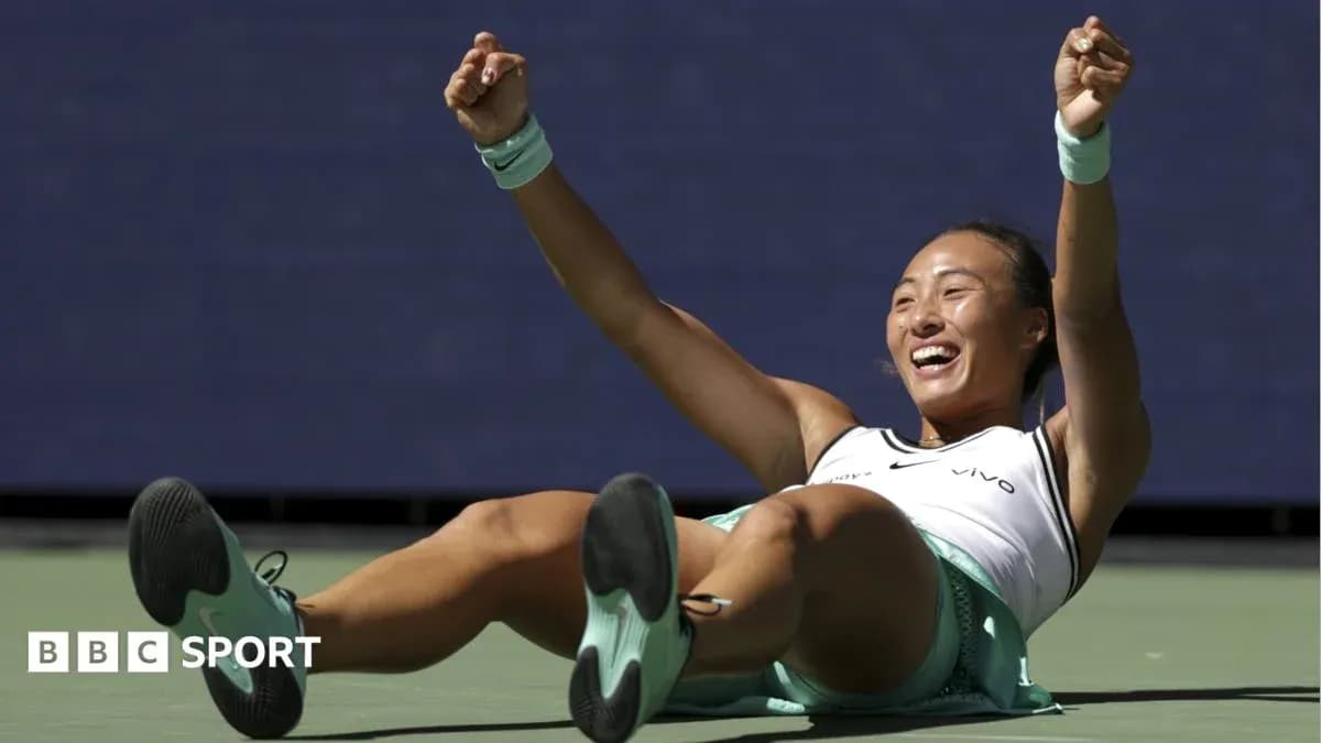 Tennis player celebrating on the court after victory