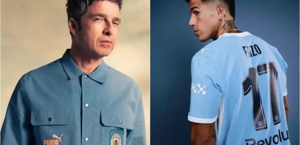 Two individuals wearing Manchester City apparel