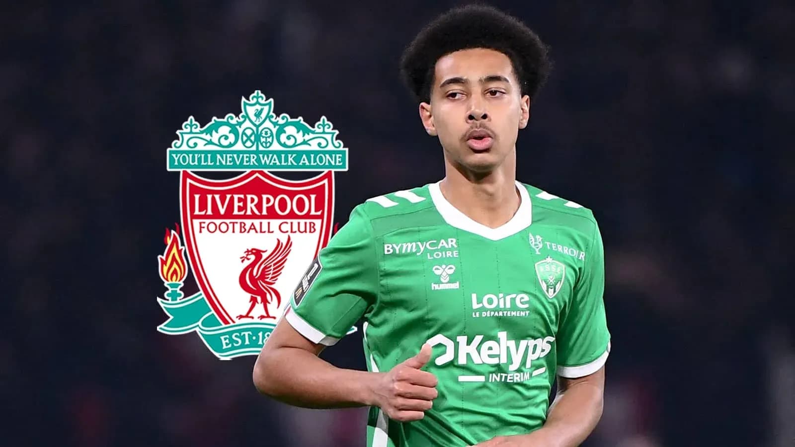 Player in green jersey with Liverpool logo in background