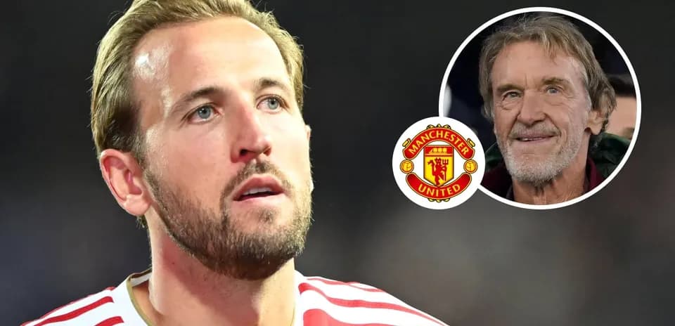 Harry Kane looking on with Manchester United logo