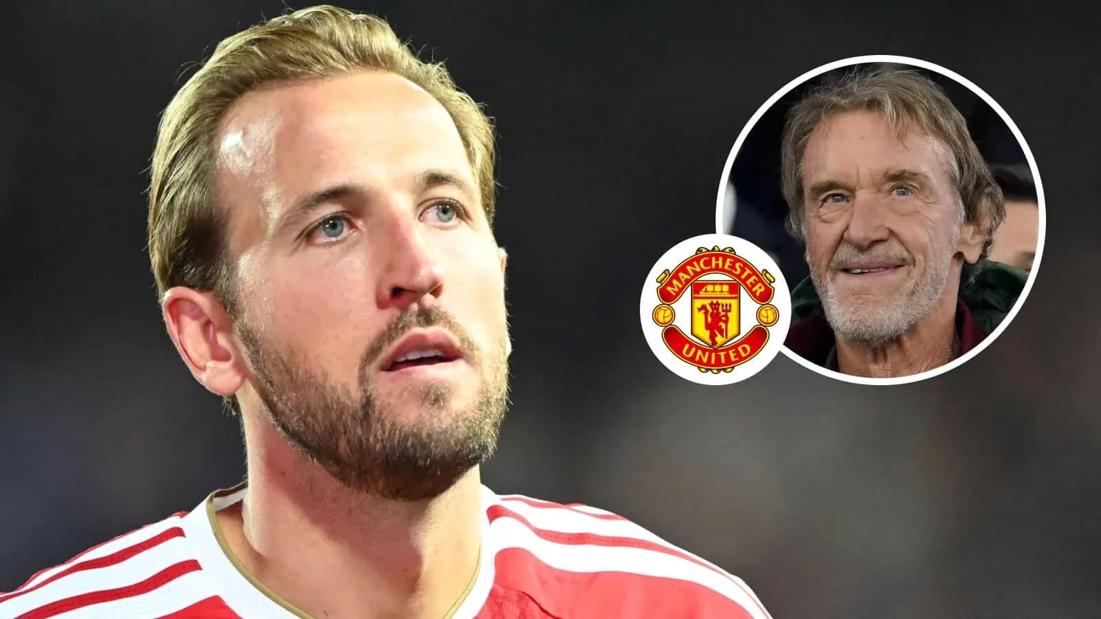Harry Kane looking on with Manchester United logo