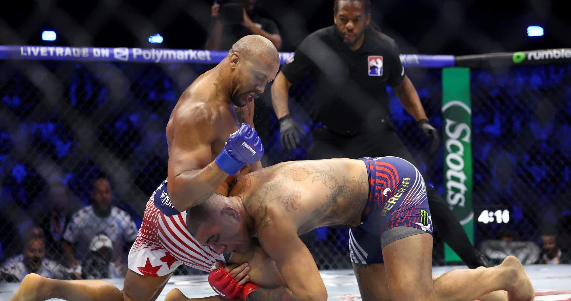 Fighter delivering punches during an MMA match