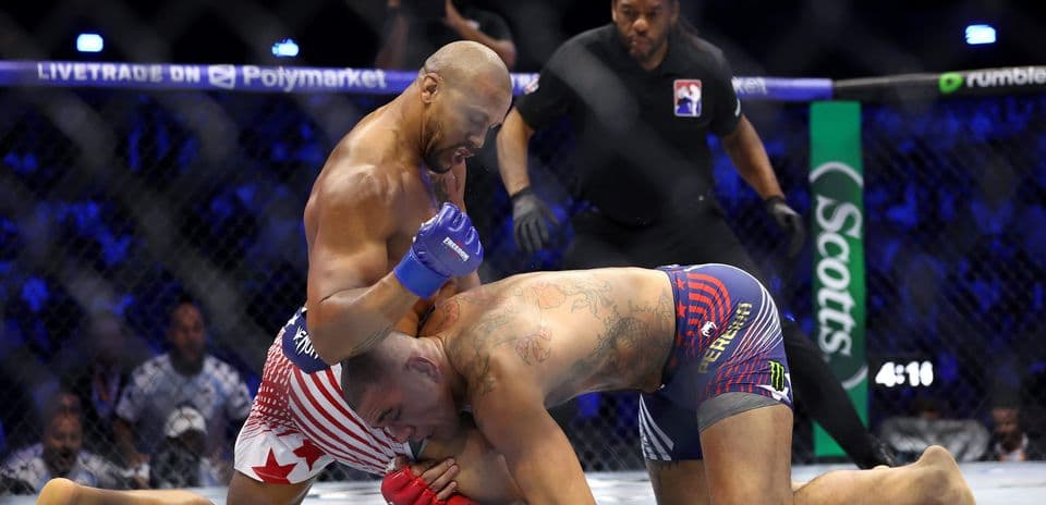 Fighter delivering punches during an MMA match