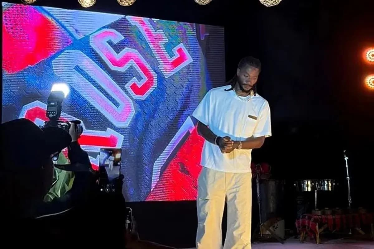Artist performing on stage with bright backdrop