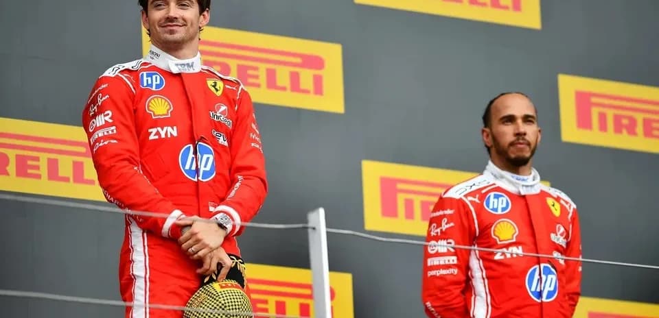 Charles Leclerc and Lewis Hamilton on podium celebration