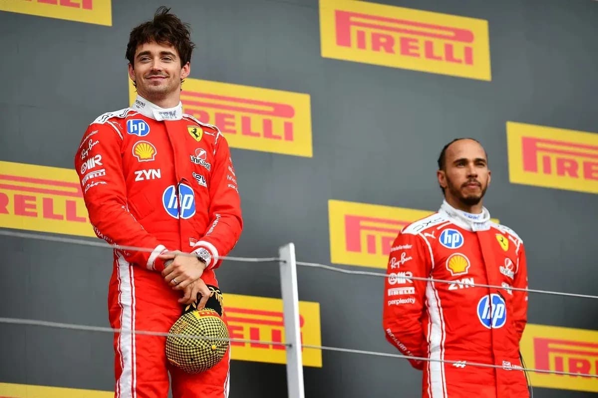 Charles Leclerc and Lewis Hamilton on podium celebration