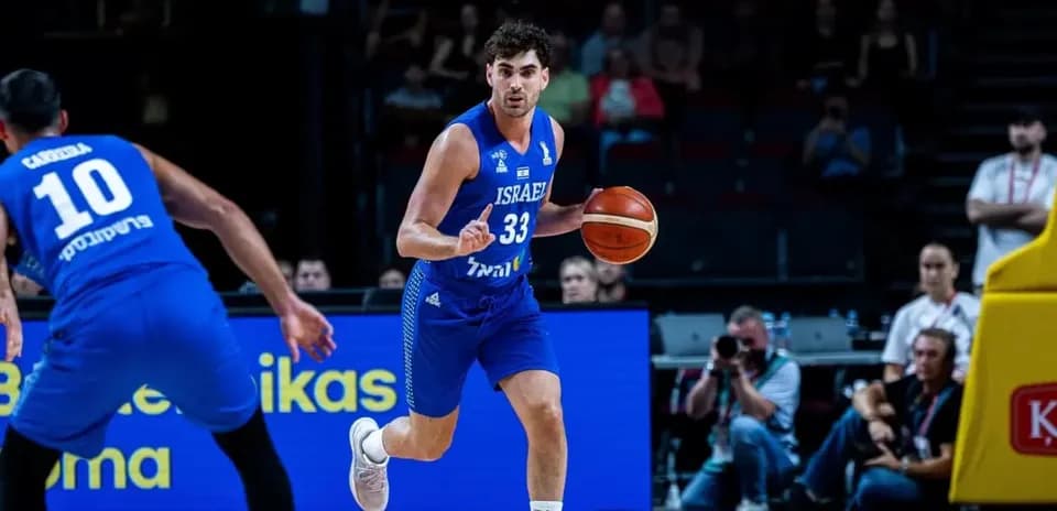 Israeli player dribbling basketball during a game
