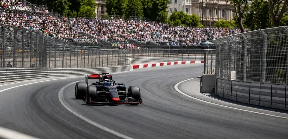 Formula 1 car rounding a curve on racetrack