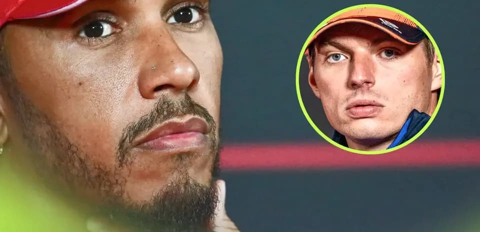 Close-up of Lewis Hamilton with Max Verstappen inset