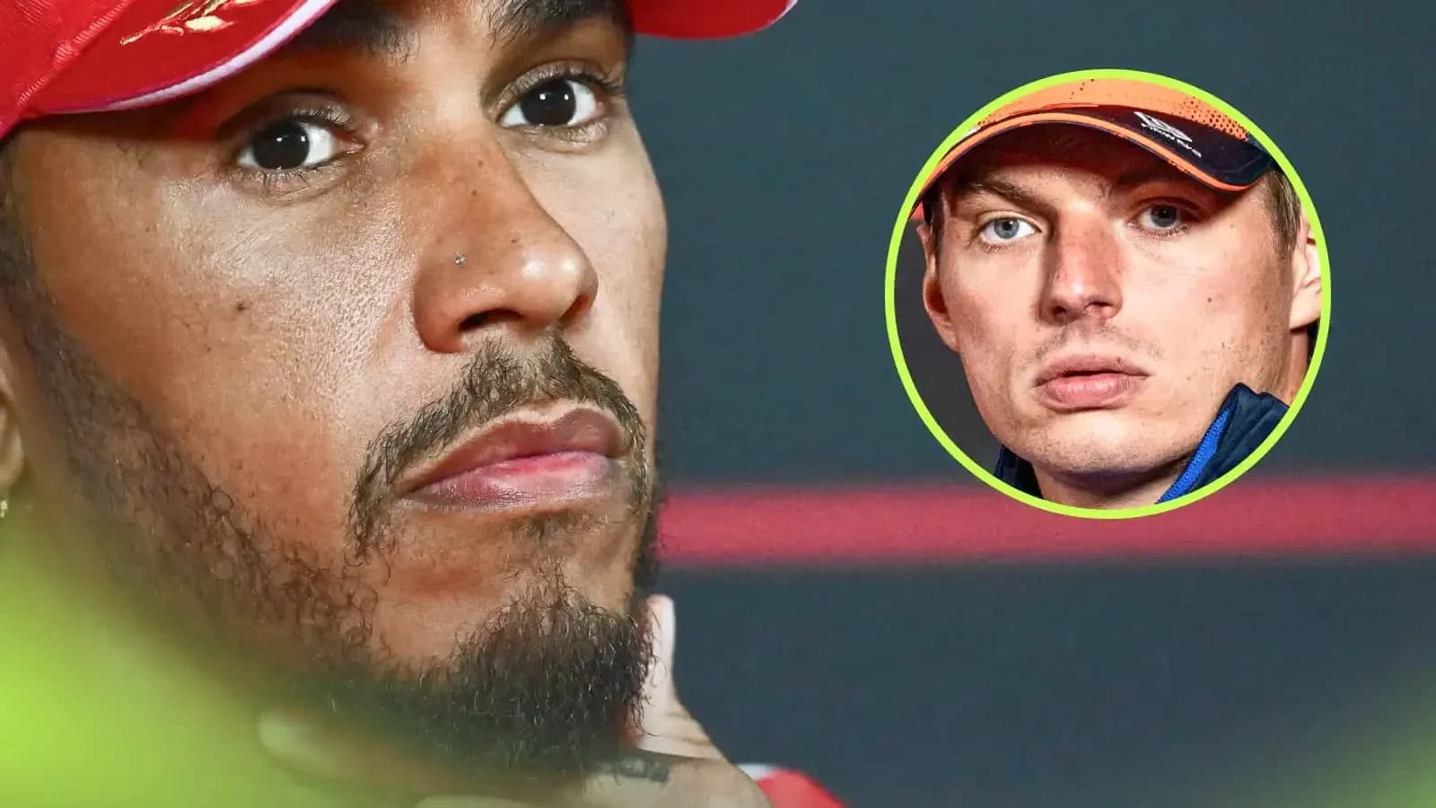 Close-up of Lewis Hamilton with Max Verstappen inset