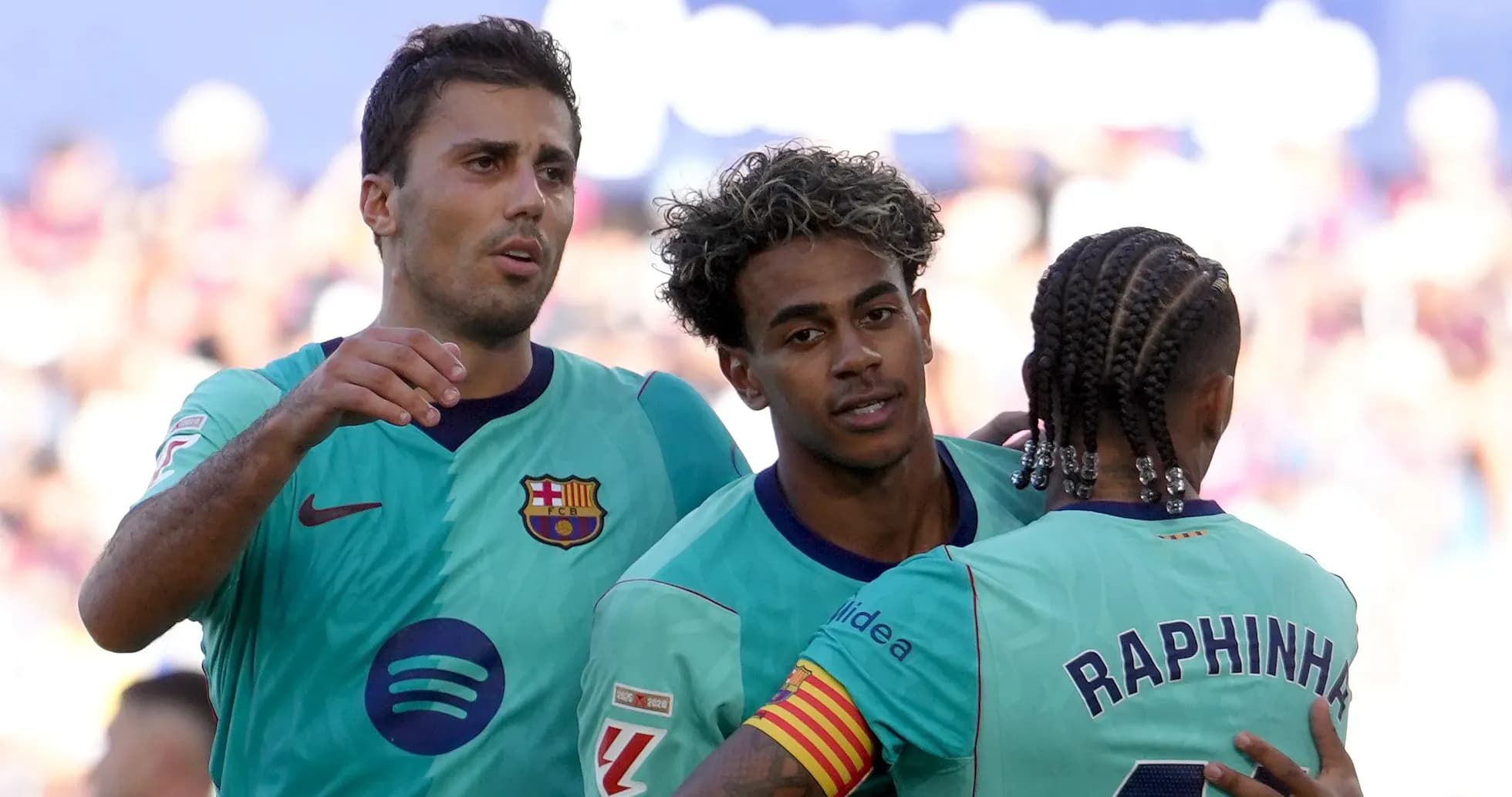 Barcelona players celebrating a goal together