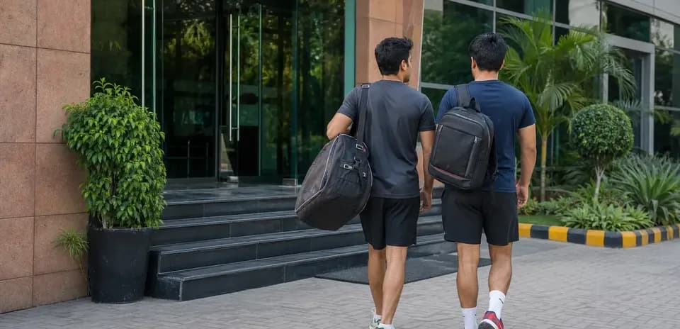 Two players walking towards building entrance with bags