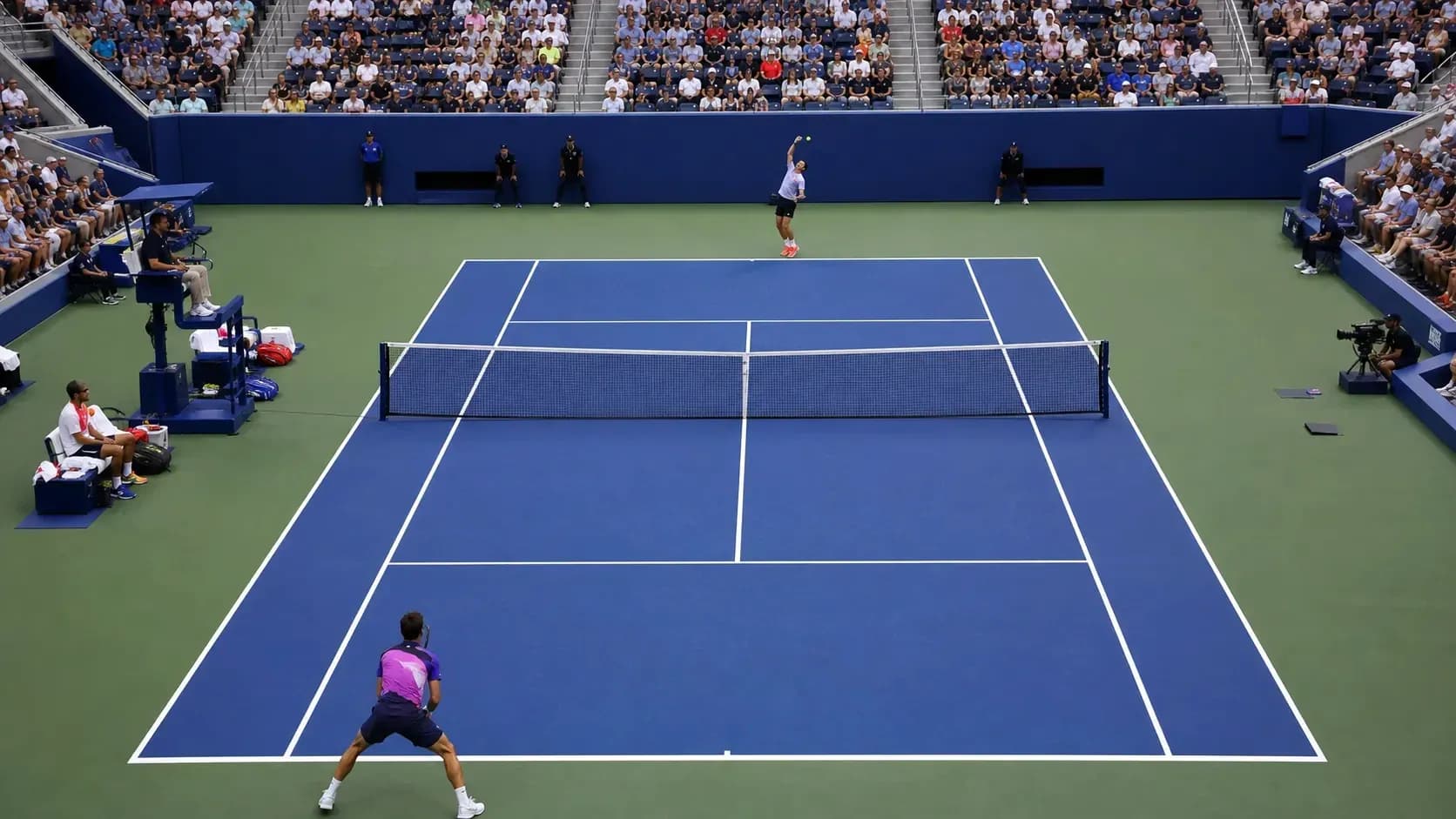 Player serving during a tennis match on court