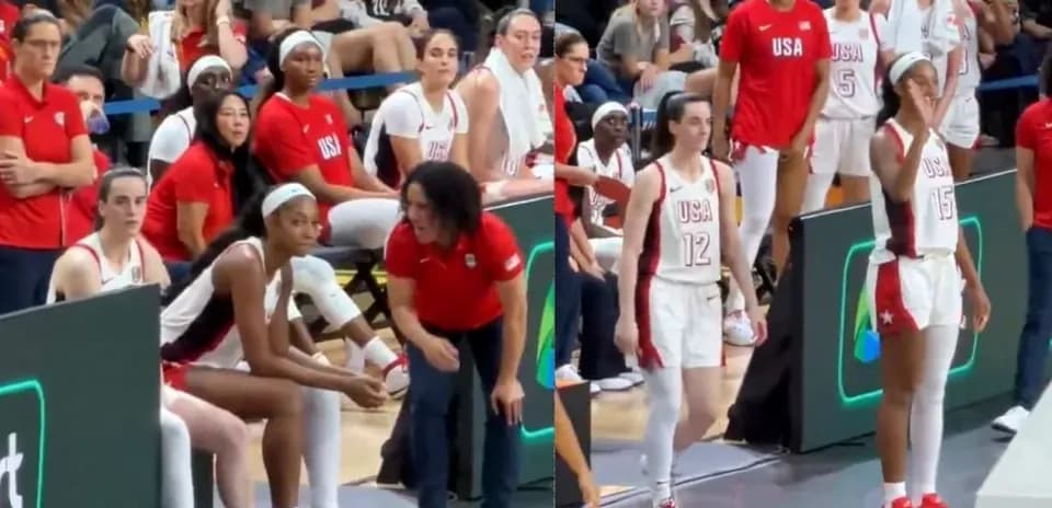 USA basketball team during timeout on the bench