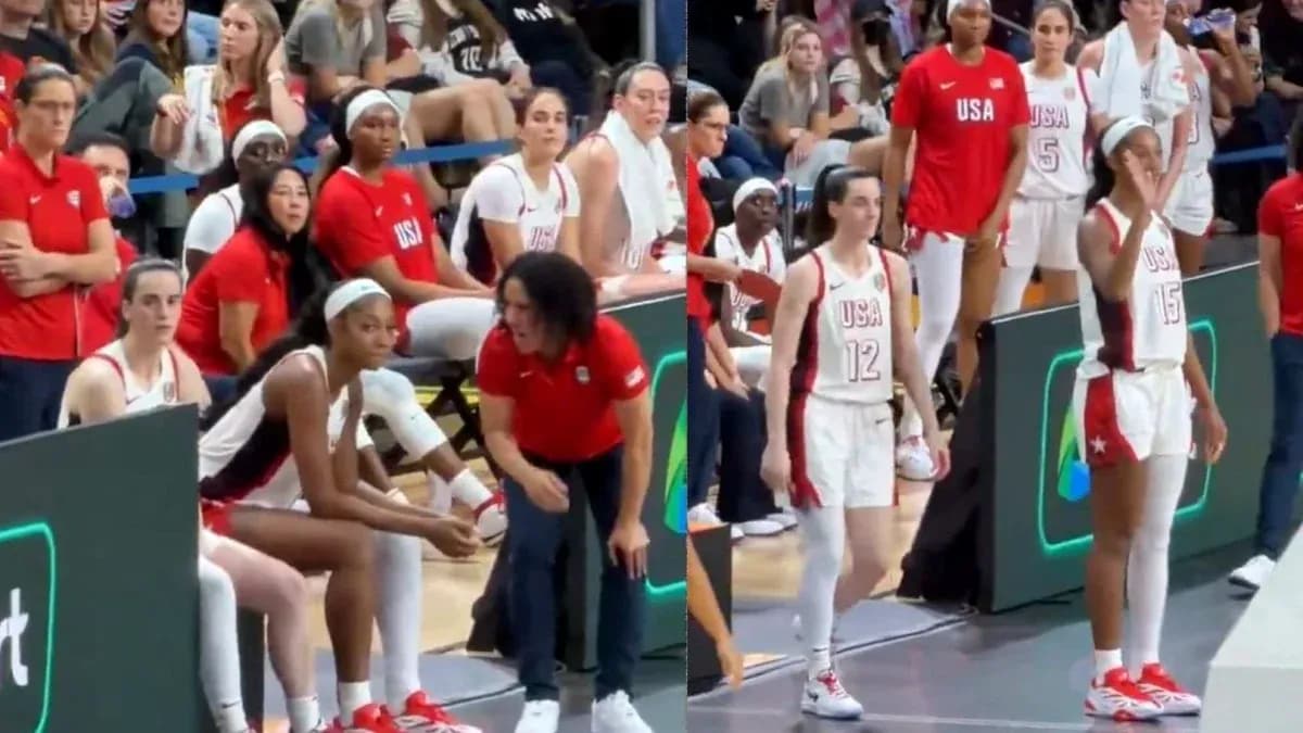 USA basketball team during timeout on the bench