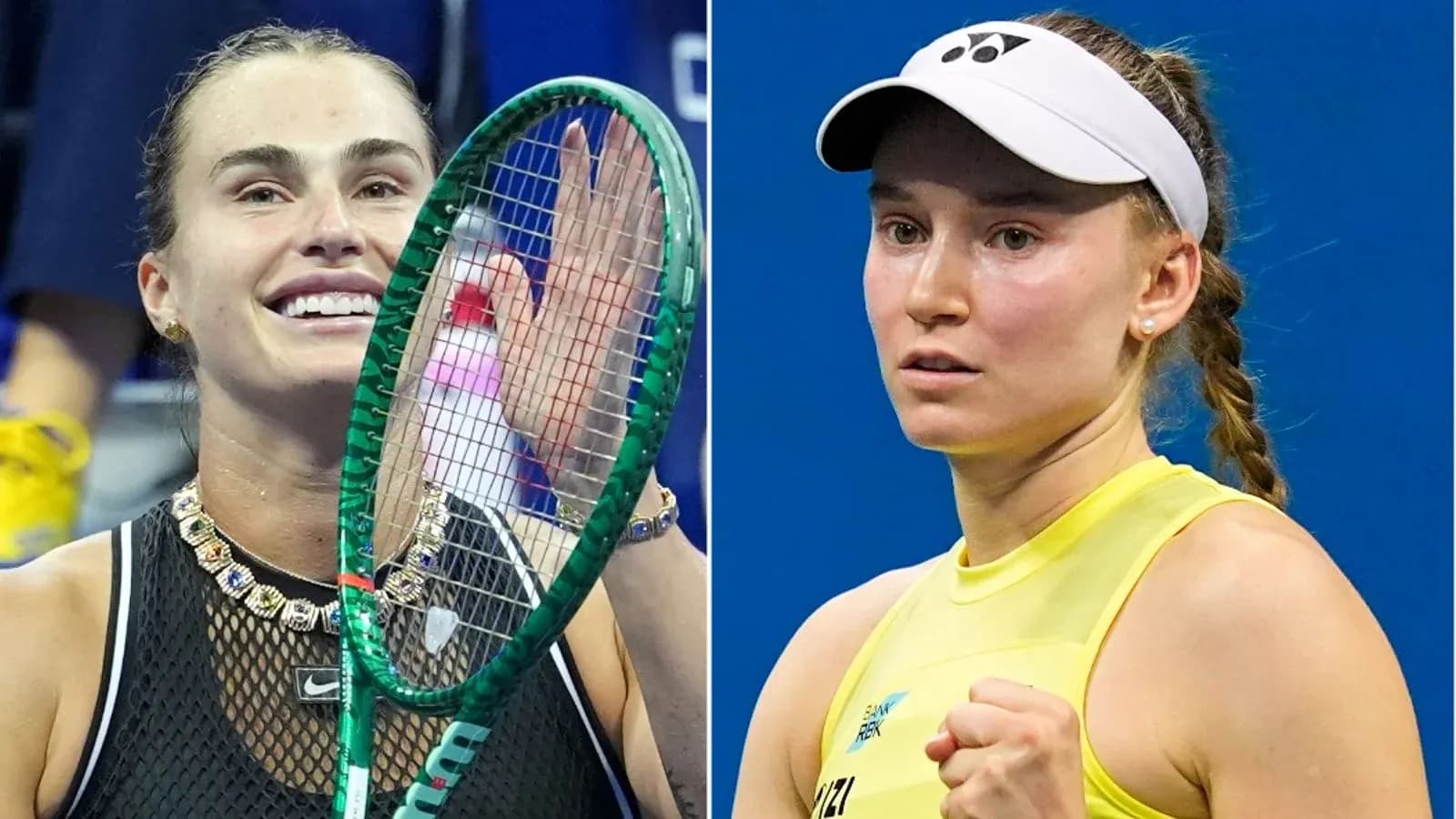 Two female tennis players during a match