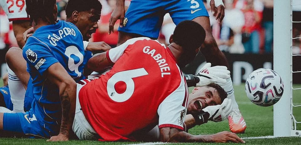 Players contesting for the ball near goal line