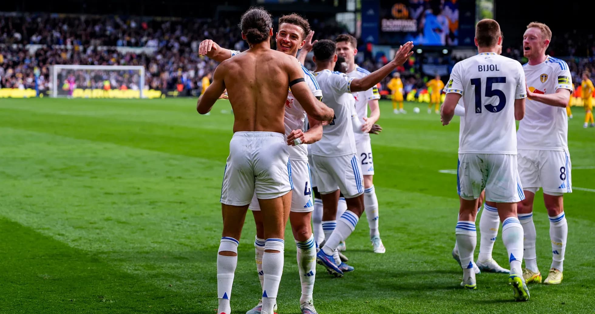 Leeds players celebrating a goal during match