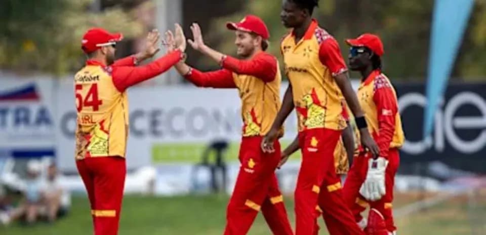 Players celebrating a wicket during cricket match