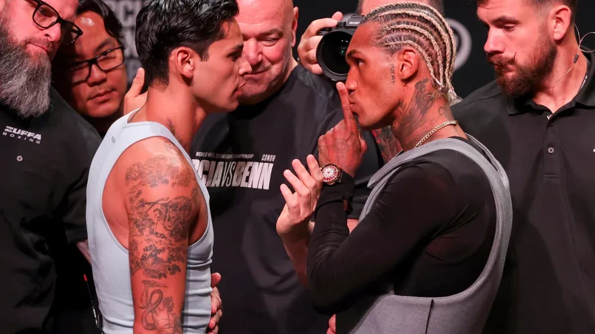 Two boxers facing off at weigh-in event