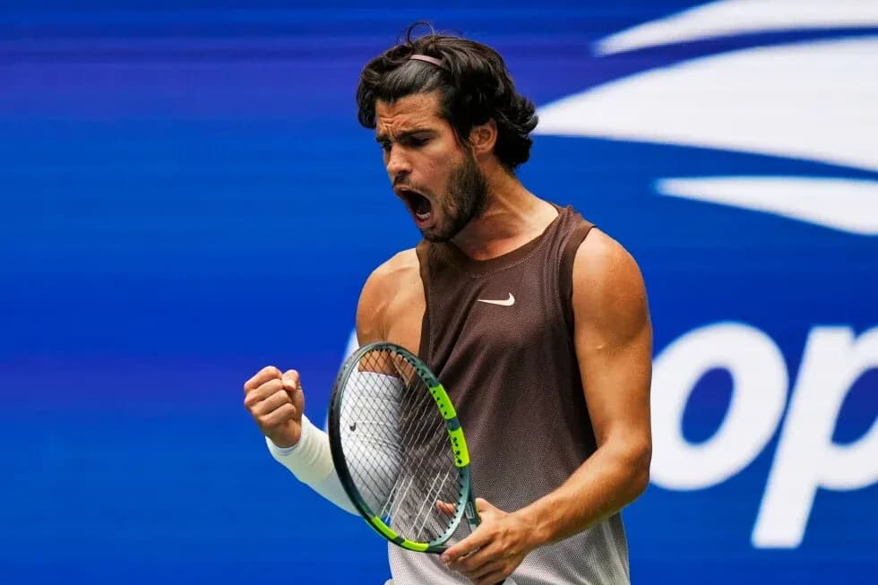 Tennis player celebrating during a match