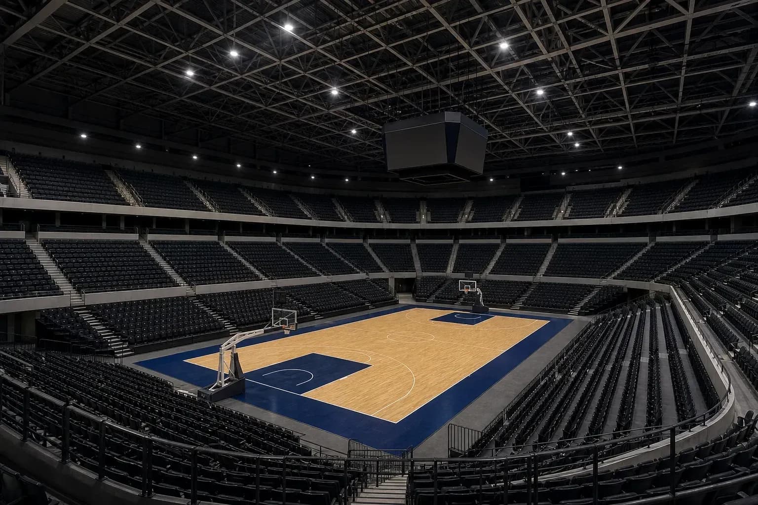 Empty basketball arena with court and seating Empty basketball arena with court and seating