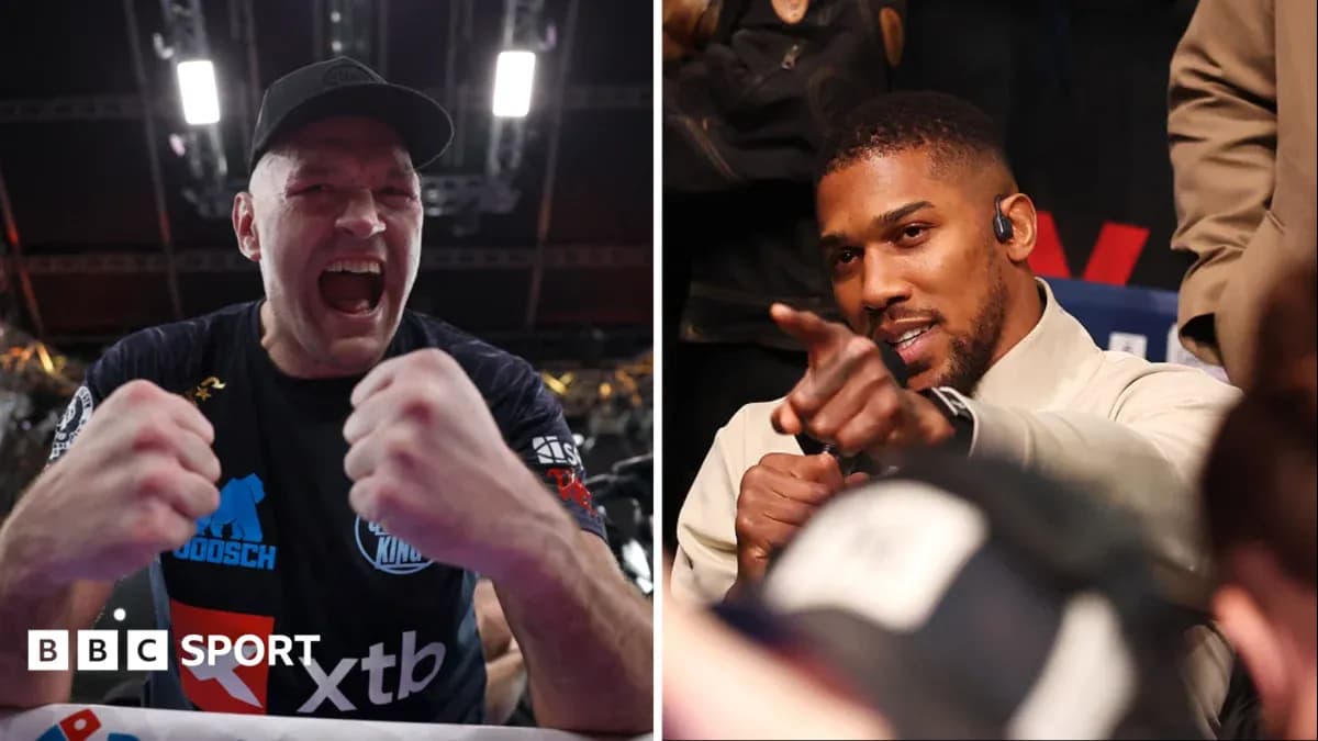 Tyson Fury celebrating and Anthony Joshua pointing Tyson Fury celebrating and Anthony Joshua pointing