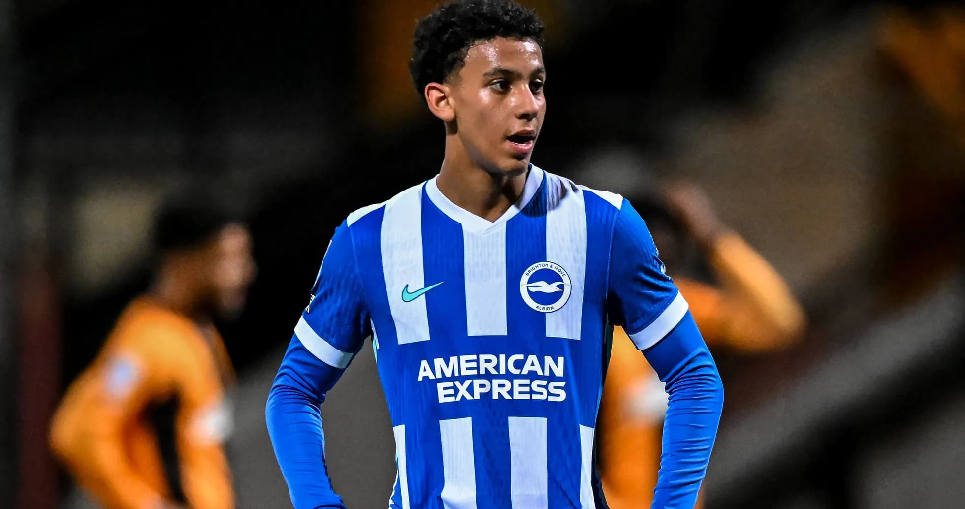 Brighton player in blue and white kit on field Brighton player in blue and white kit on field