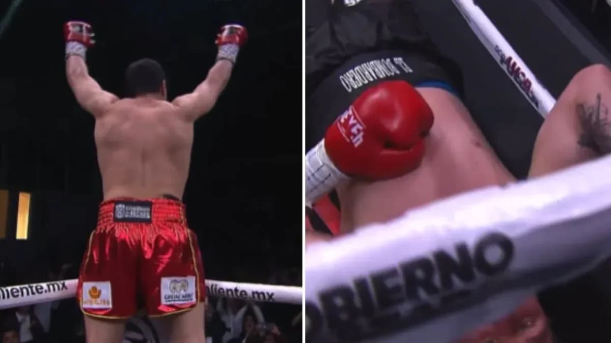 Boxer celebrating victory over fallen opponent in ring Boxer celebrating victory over fallen opponent in ring