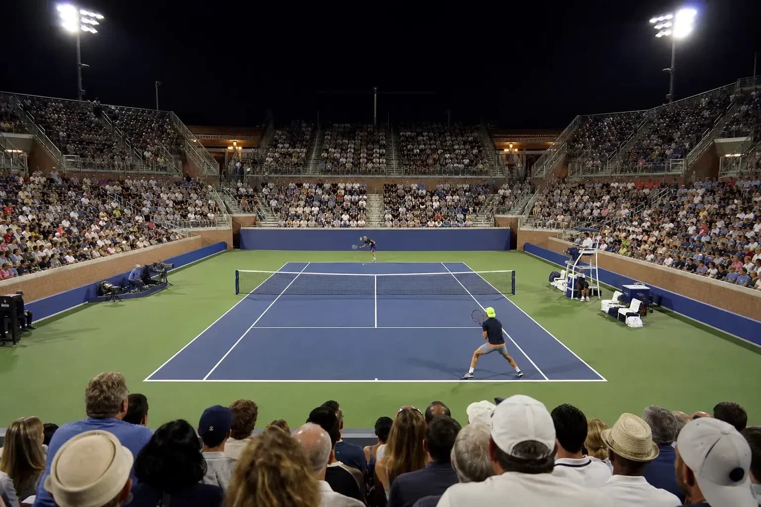 Tennis match with players and large crowd at night Tennis match with players and large crowd at night