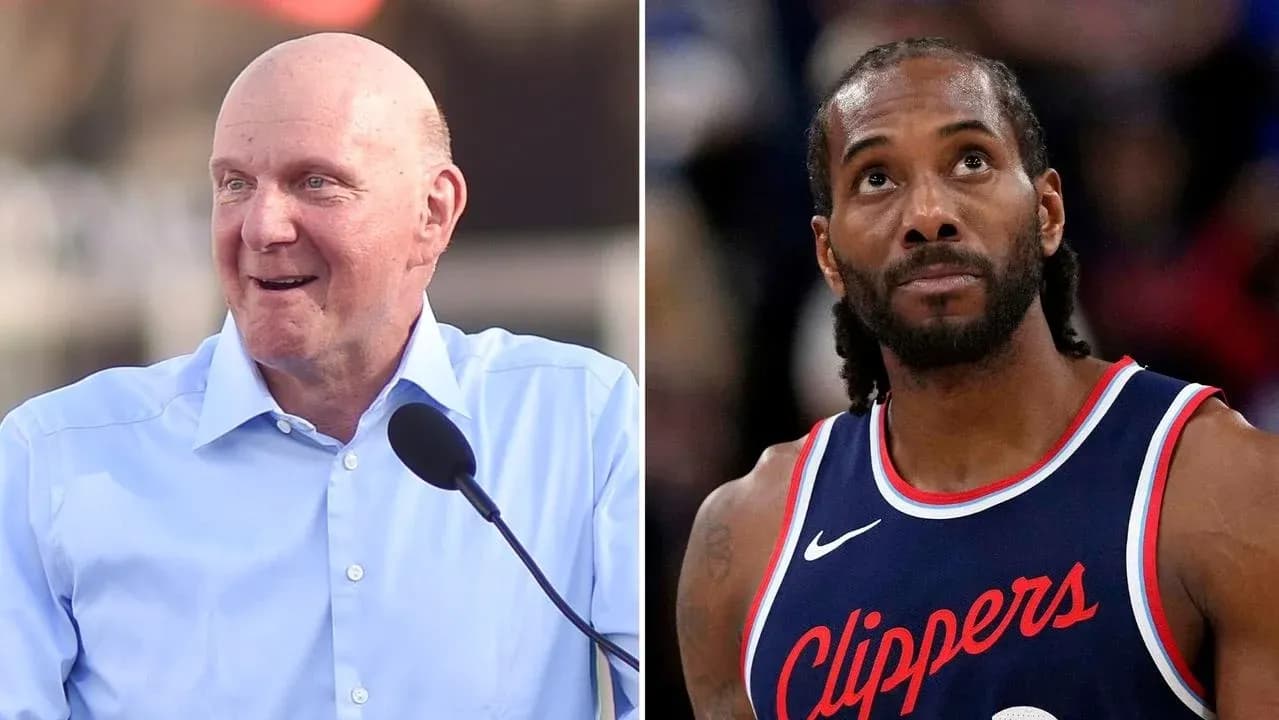 Steve Ballmer speaking and Kawhi Leonard on court Steve Ballmer speaking and Kawhi Leonard on court