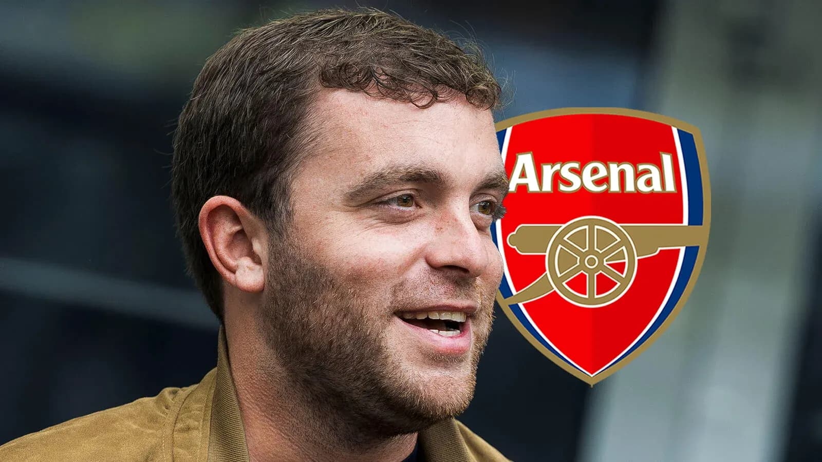 Person smiling next to Arsenal logo Person smiling next to Arsenal logo