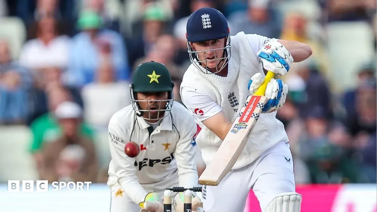 Batsman playing a shot while bowler prepares to catch Batsman playing a shot while bowler prepares to catch