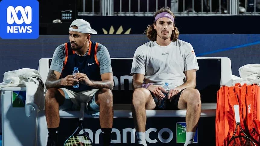 Nick Kyrgios and Stefanos Tsitsipas sitting on bench Nick Kyrgios and Stefanos Tsitsipas sitting on bench