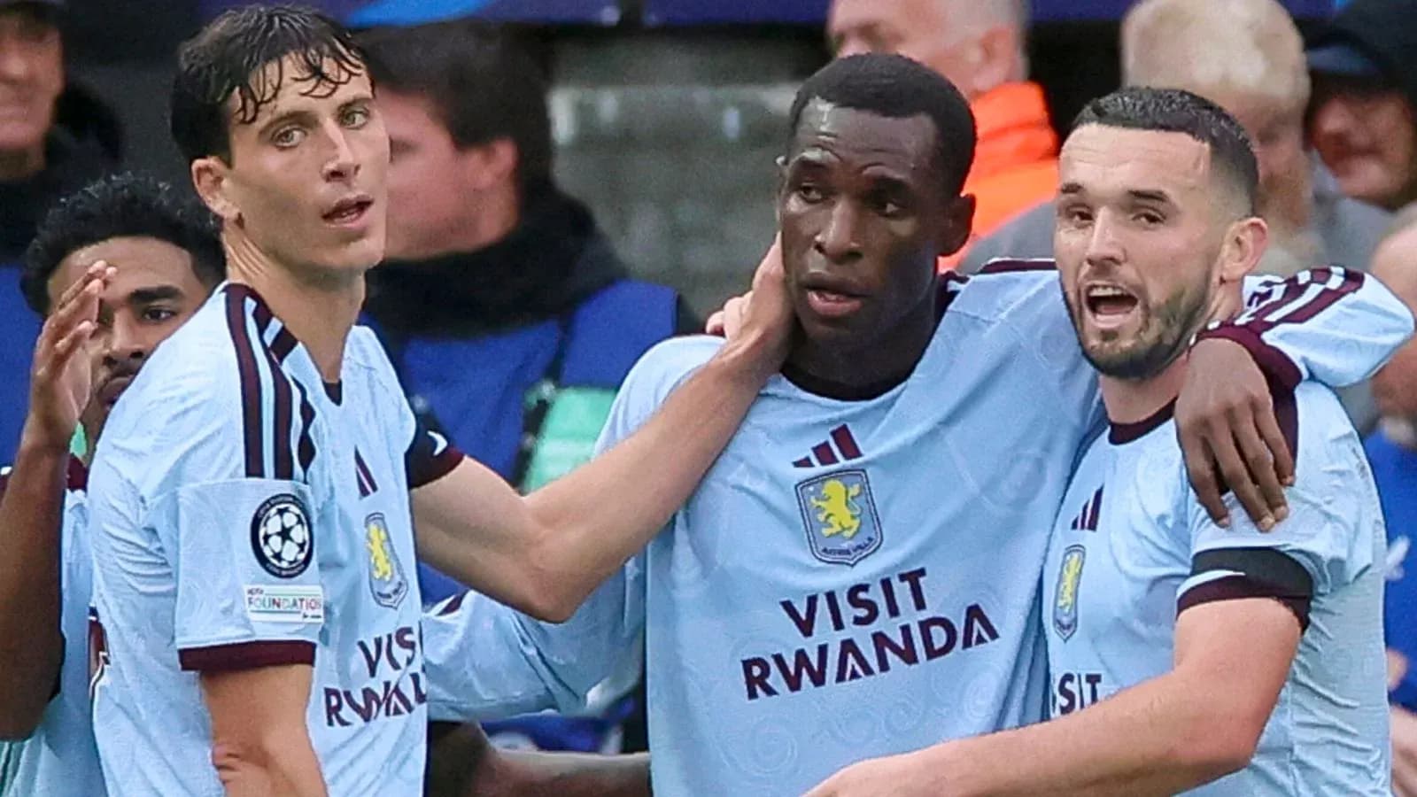 Aston Villa players celebrating a goal together Aston Villa players celebrating a goal together