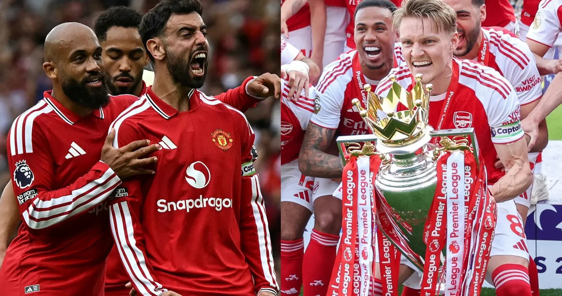 Manchester United players celebrating alongside Arsenal trophy presentation Manchester United players celebrating alongside Arsenal trophy presentation