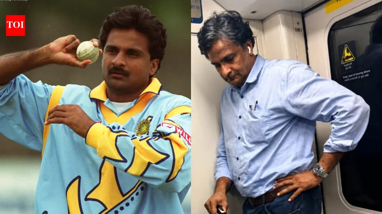 Former cricketer holding a ball, man in subway Former cricketer holding a ball, man in subway