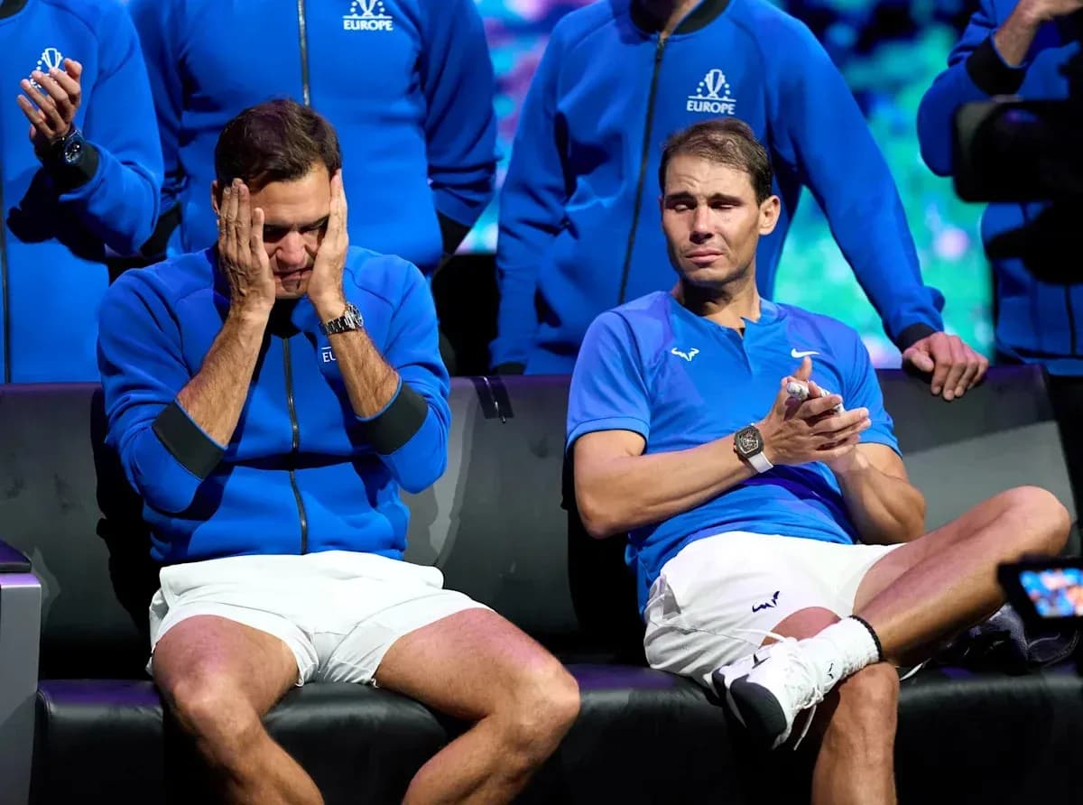 Roger Federer and Rafael Nadal seated during event Roger Federer and Rafael Nadal seated during event