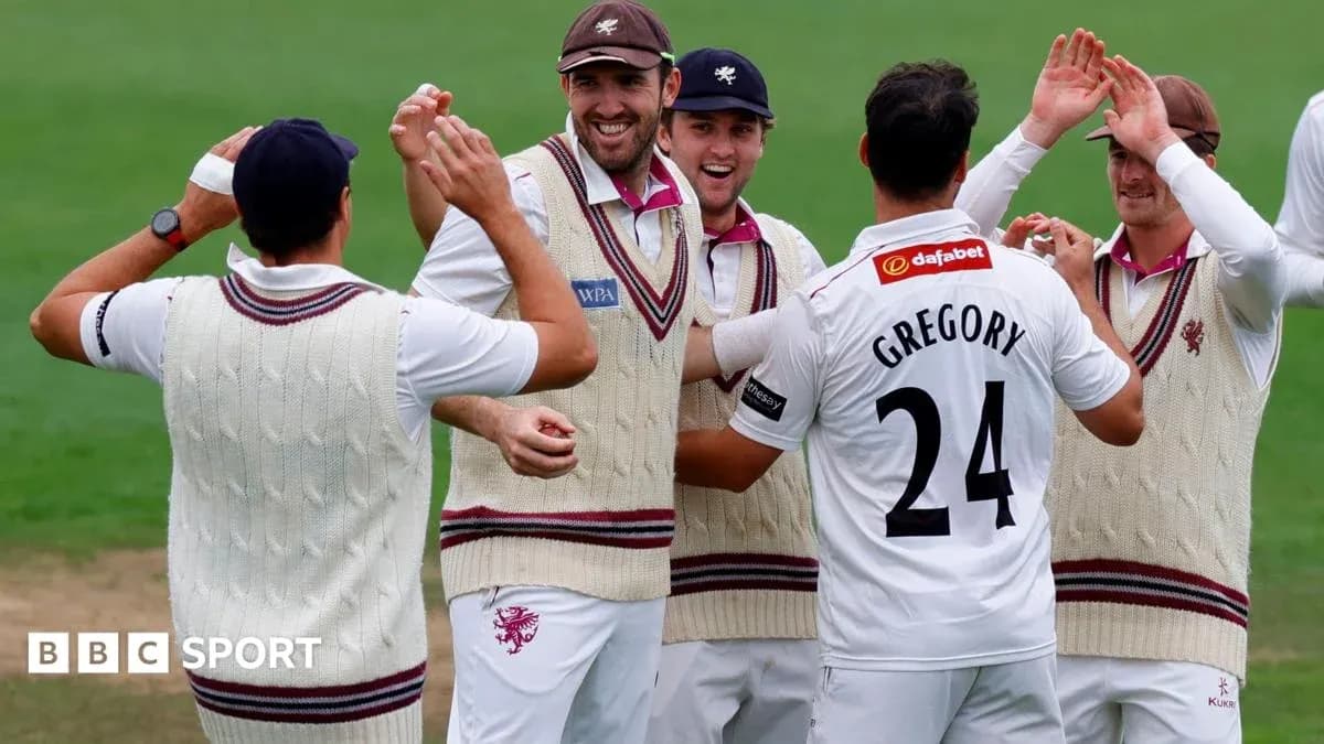 Somerset players celebrating a wicket on field Somerset players celebrating a wicket on field